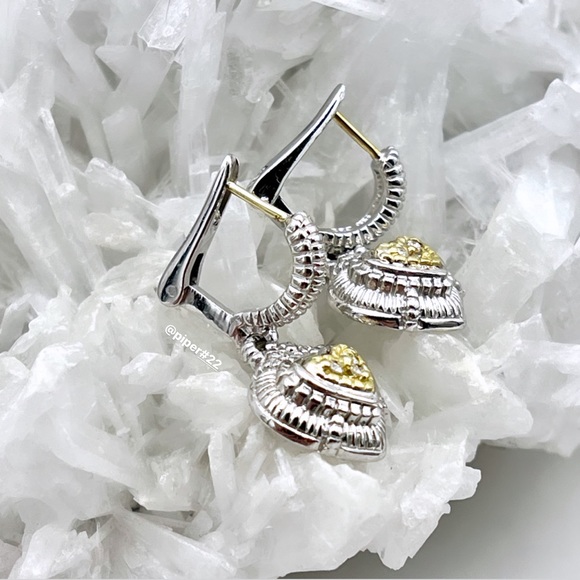 Judith Ripka Sterling Silver 18K Gold JR TWO Diamond Heart Romance Drop Earrings - Picture 6 of 10